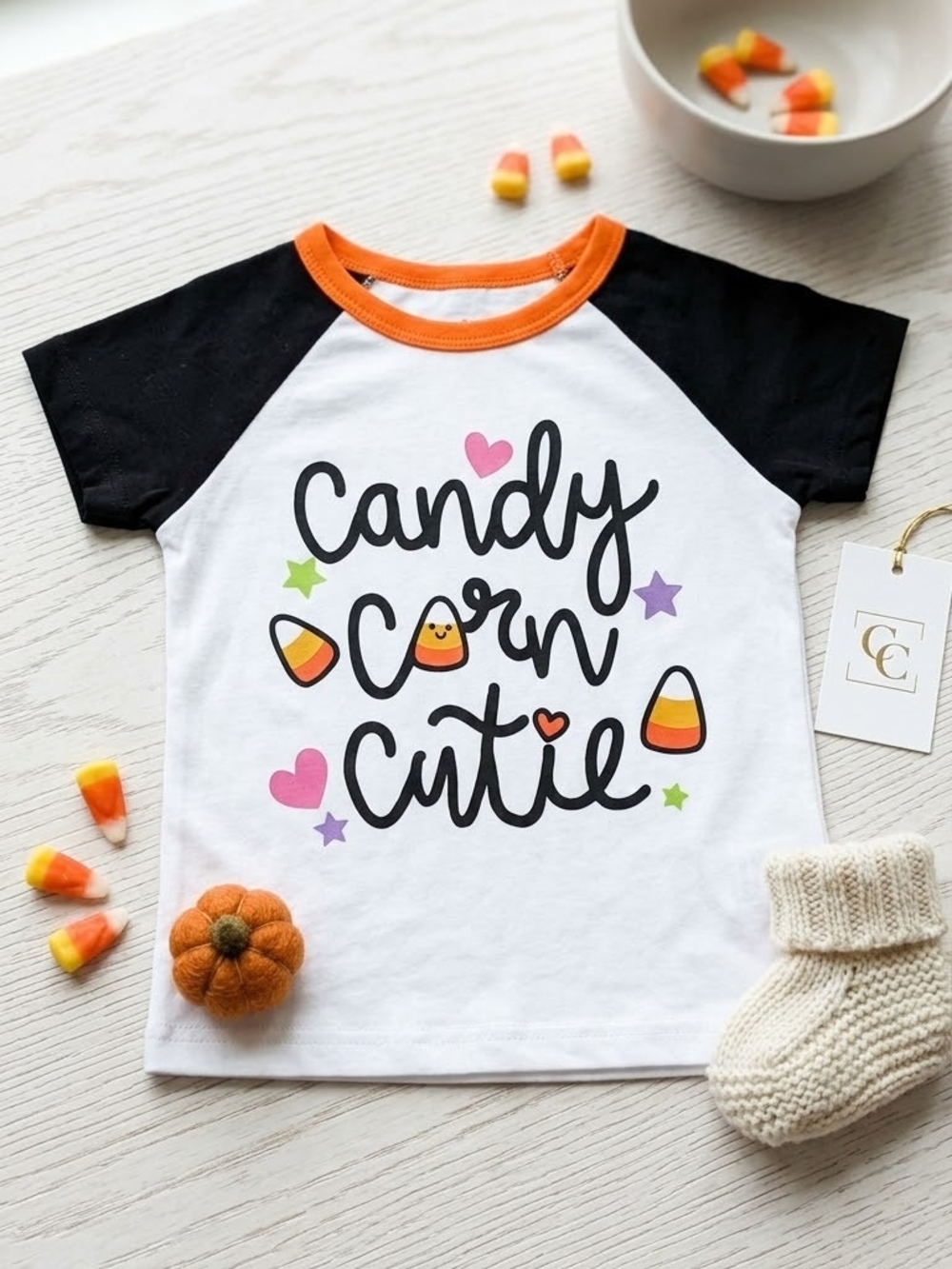 "Candy Corn Cutie" Halloween Raglan Baby T-Shirt
